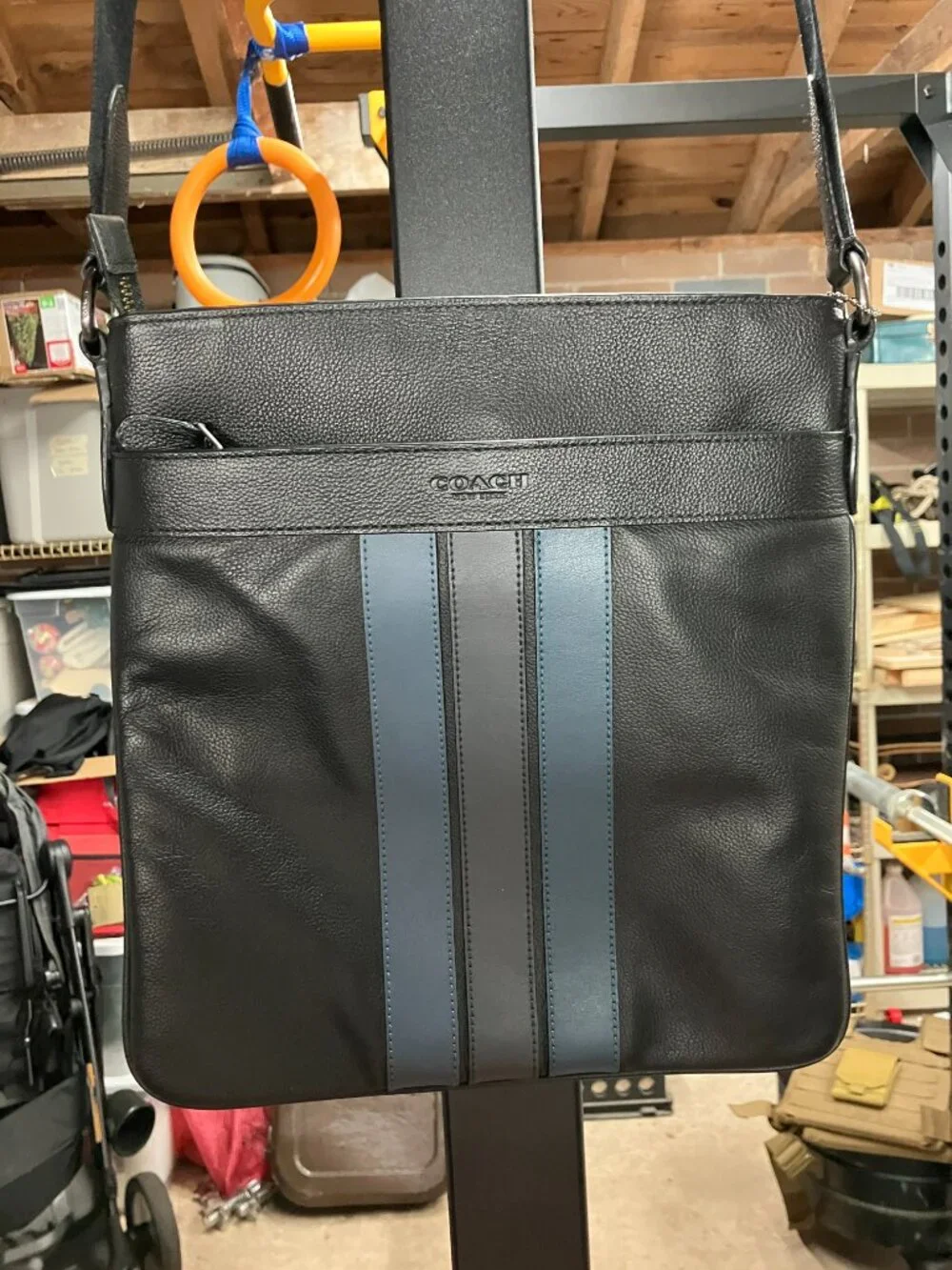Coach Charles leather crossbody bag with varsity stripe black/midnight messenger